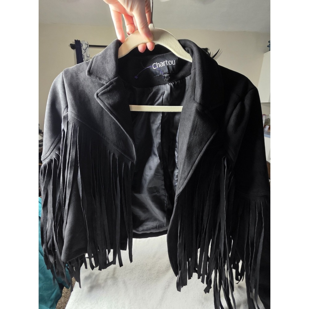 Chartou Womens XS Black Faux Suede Fringe Jacket Western Cropped Moto Boho